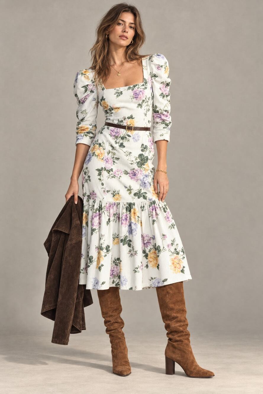 NEW! LoveShackFancy 6 Corduroy Puff Sleeve Midi Dress $345 Ellington Square Neck